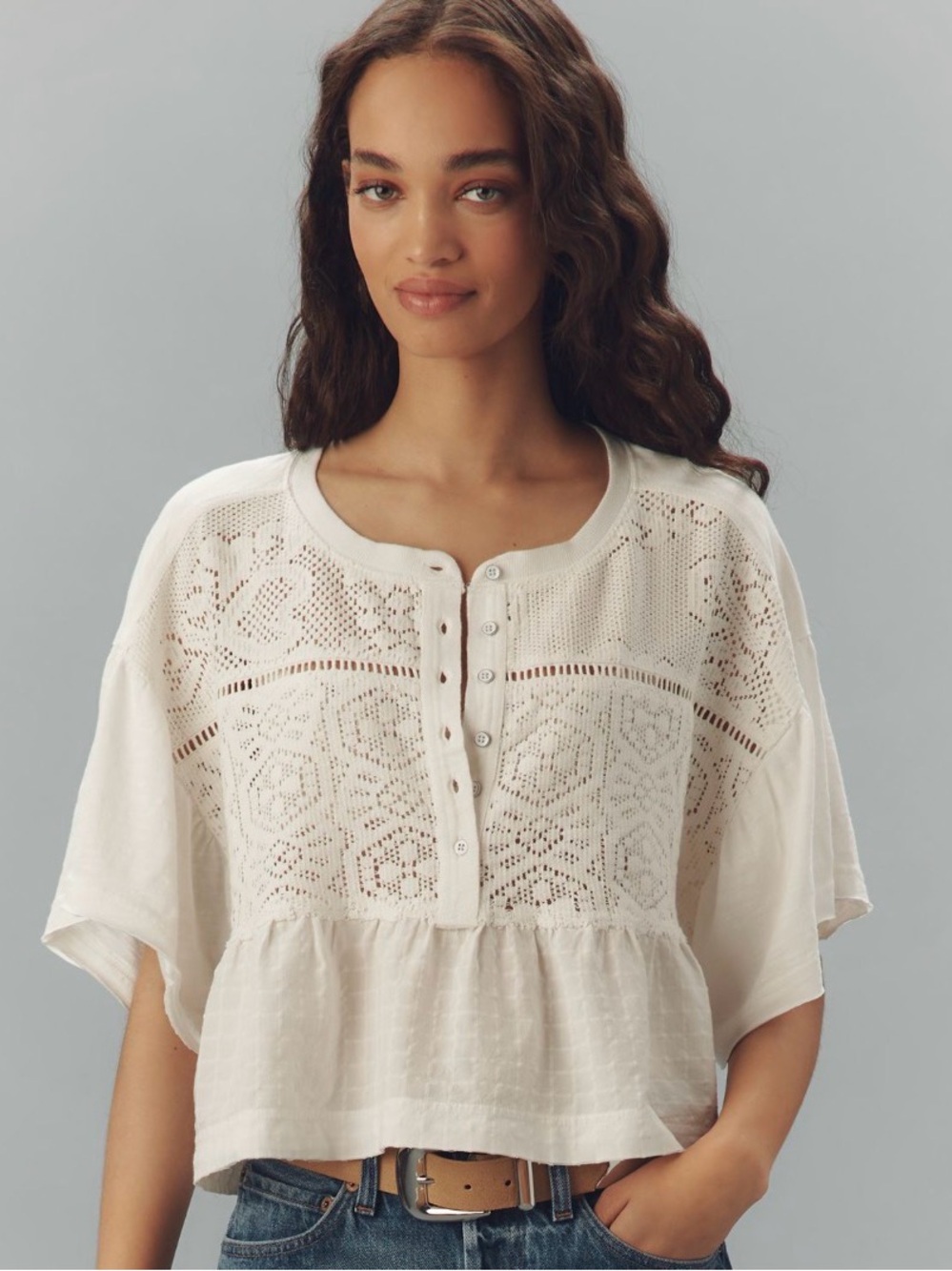 Pilcro Cream Crochet Button-Front Blouse
